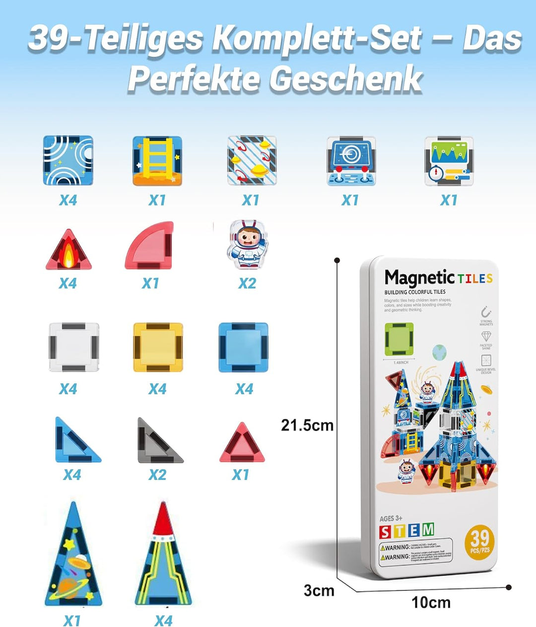 Mini Magnetische Bausteine Reiseset mit Metallbox, 39 Teile Magnetbausteine Rakete, Rakete