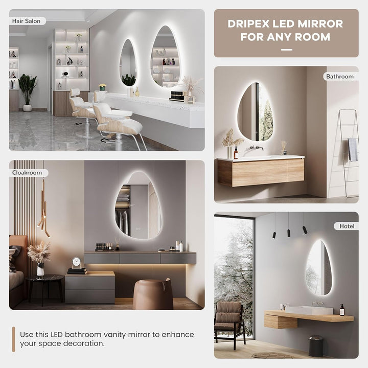 Dripex Badezimmerspiegel Led Badspiegel, Asymmetrisch, Touch-Schalter, Dimmbar, 3 Lichtfarbe Einstel