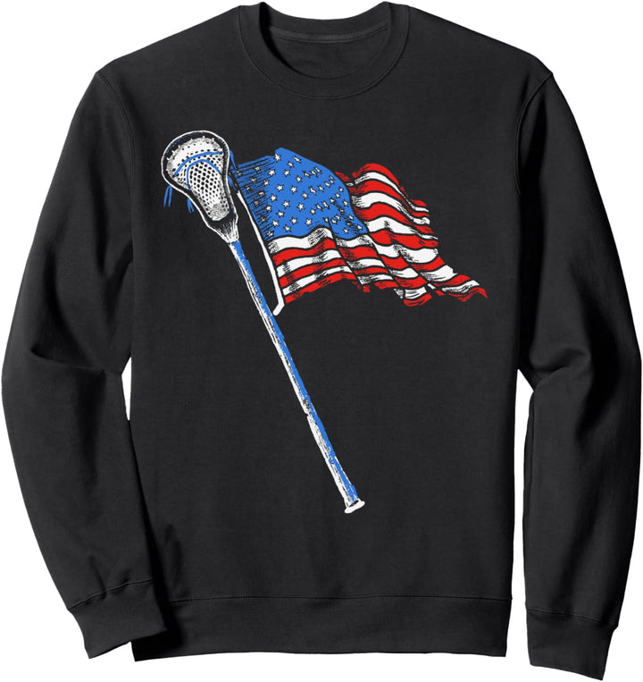 Retro USA American Flag Lacrosse Stick 80's Style Sweatshirt