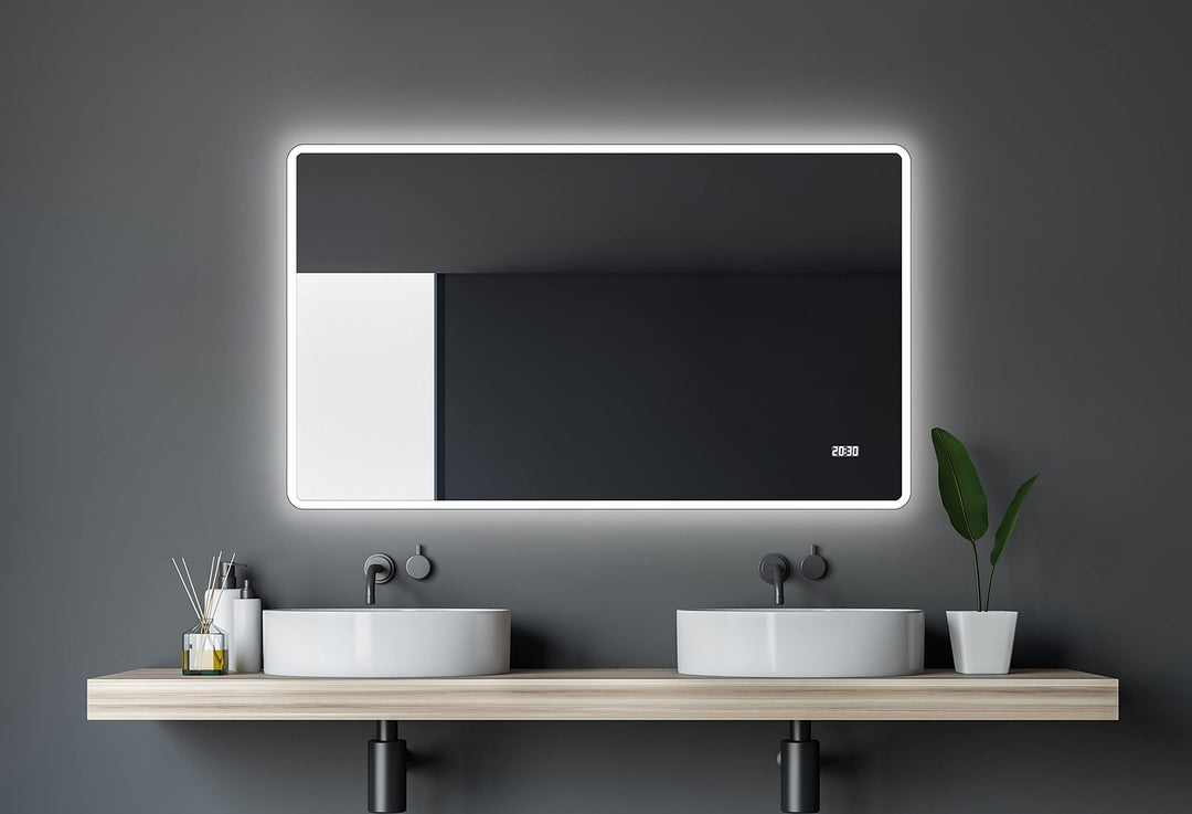Talos LED Badspiegel, Sun 120 x 70 cm - Lichtumrahmung -Lichtfarbe 4200K - Digitaluhr - Modernes