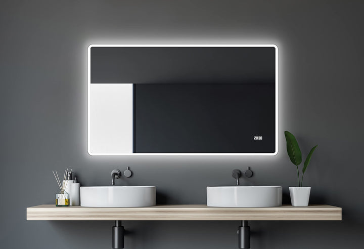 Talos LED Badspiegel, Sun 120 x 70 cm - Lichtumrahmung -Lichtfarbe 4200K - Digitaluhr - Modernes