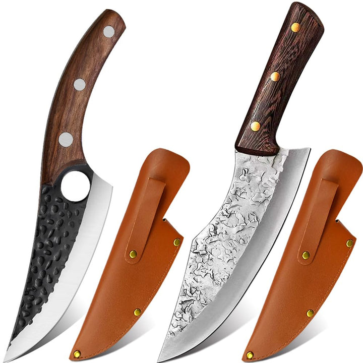 2 Stücke Kochmesser, Küchenmesser mit Lederscheide - Handgeschmiedet Chefmesser,Perfekt zum Schneide