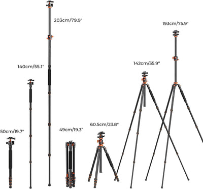 K&F Concept T254A6 Stativ Kamera, Aluminium Tripod mit 90 Grad Mittelsäule, Stativ mit 10 KG Belastu