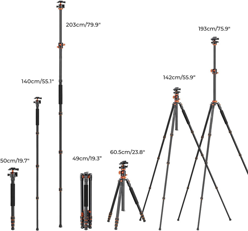 K&F Concept T254A6 Stativ Kamera, Aluminium Tripod mit 90 Grad Mittelsäule, Stativ mit 10 KG Belastu