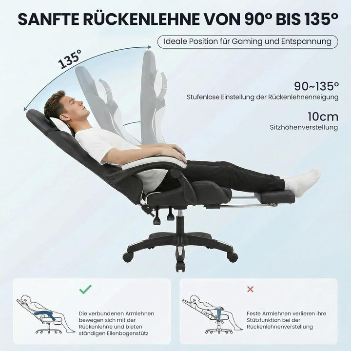 Bürostuhl Ergonomisch mit Fussstütze, Schreibtischstuhl, Racing-Design, Lenden- und Kopfstütze, PU-K