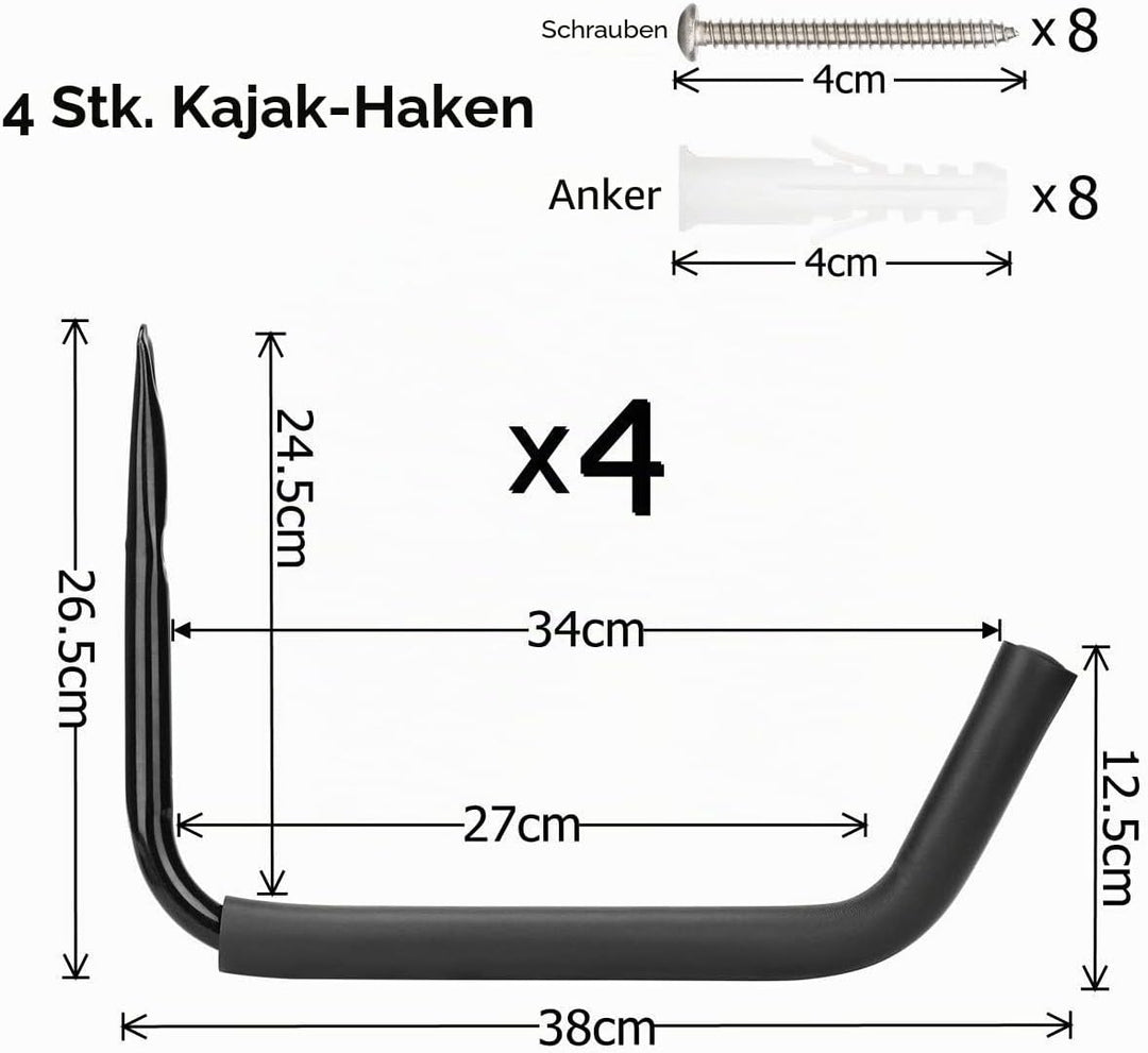 pipabiba Robuste Kajak-Aufbewahrungshaken, 38 cm Arm, Wandmontage, Garage, Surfbrett, Leiter, Utilit