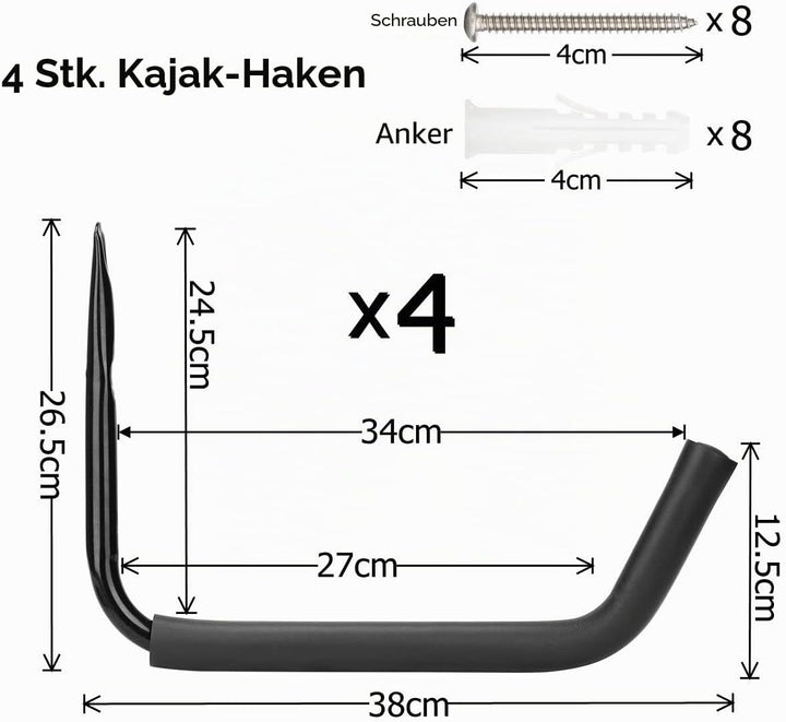 pipabiba Robuste Kajak-Aufbewahrungshaken, 38 cm Arm, Wandmontage, Garage, Surfbrett, Leiter, Utilit
