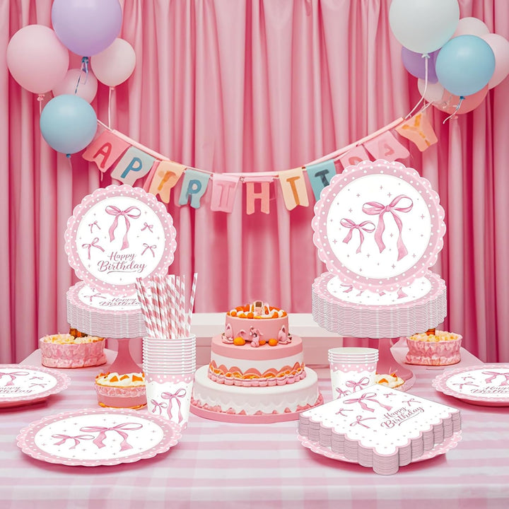 YOUYIKE 80 Stück Schleifen Sachen Dekoration Geburtstag, Rosa Partygeschirr Set mit Pappteller Servi