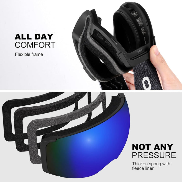 Odoland Skibrille Unisex für Damen und Herren Jungen Rahmenlose Snowboardbrille mit Magnetische Wech
