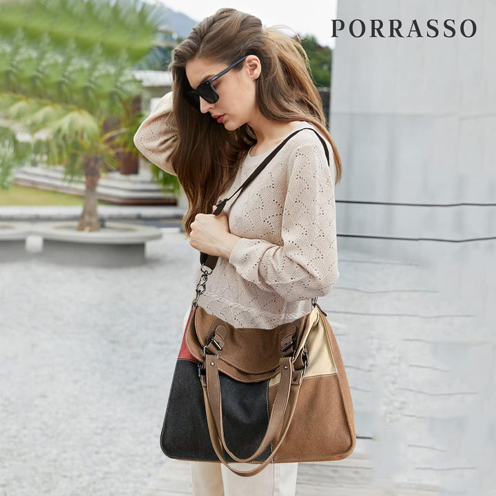 PORRASSO Retro Umhängetasche Canvas Schultertasche Damen Handtasche Gross Hobo Tasche Crossbody Bag