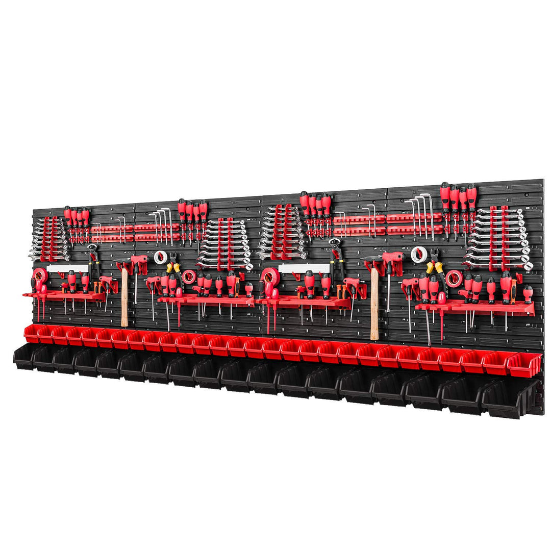 PAFEN Werkzeugwand Stapelboxen - 2304 x 780 mm - Lagersystem SET Werkzeughaltern und 46 Rot/Schwarz