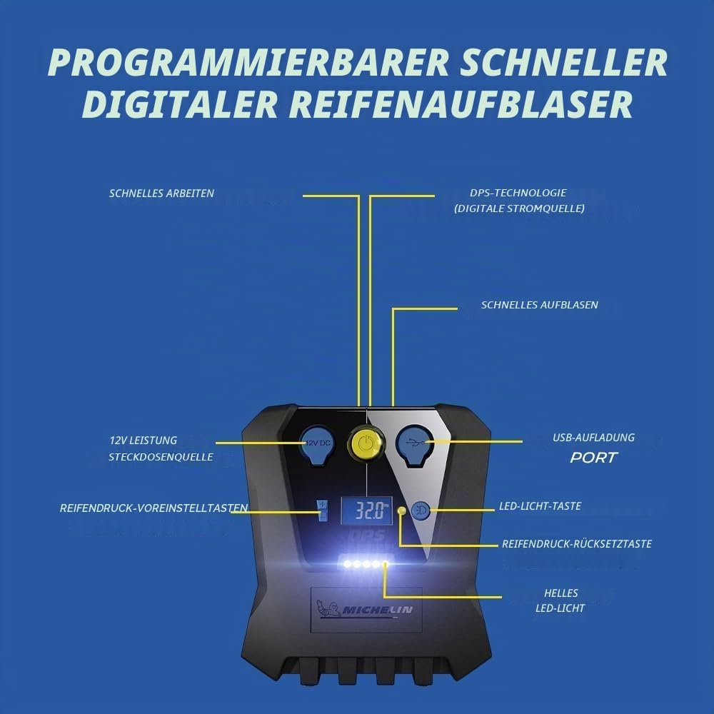 MICHELIN 62003 Luftkompressor 12v fürs Auto | Programmierbar und Digital | Reifendruck Luft Kompress