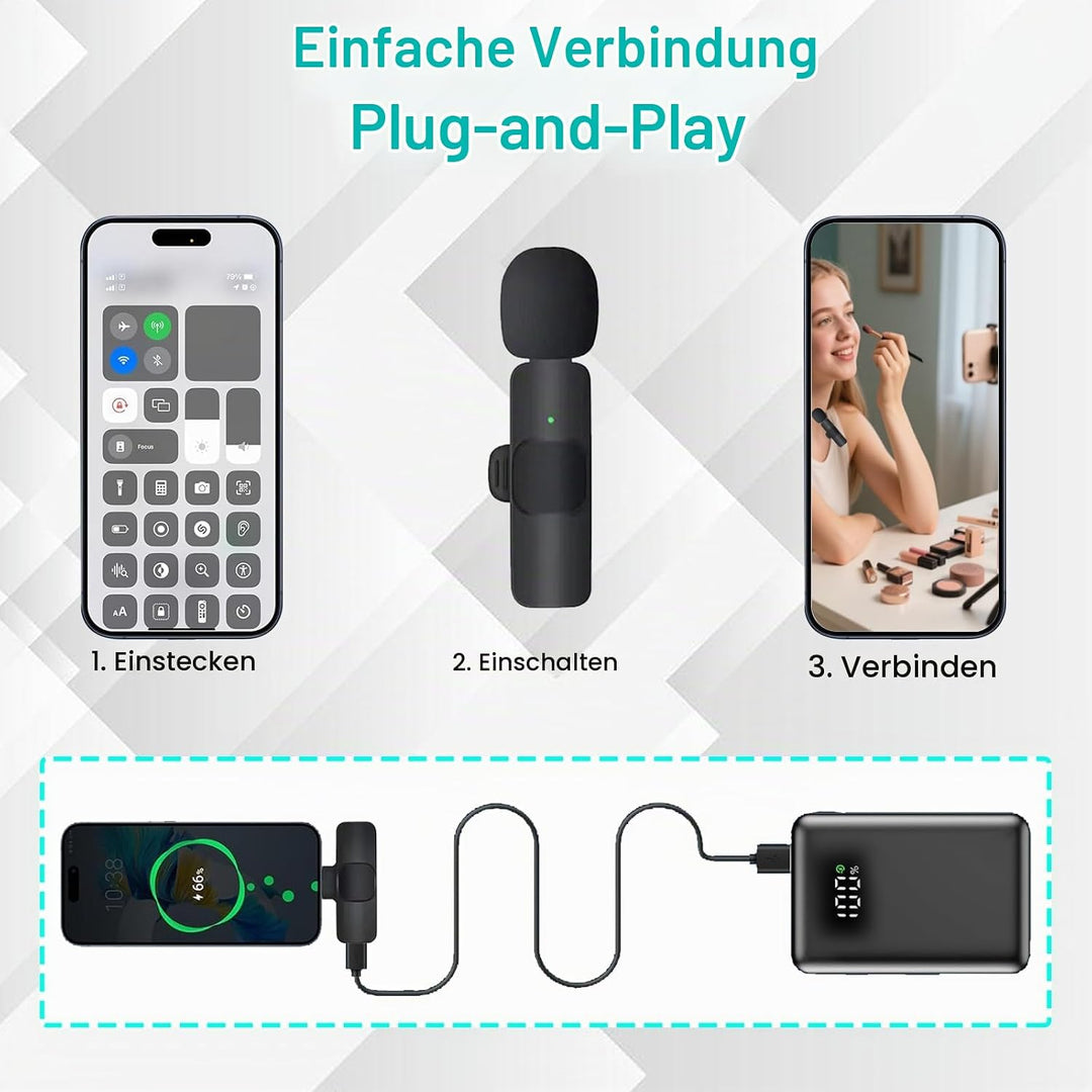 Kabelloses Mikrofon Ansteckmikrofon Kabellos für iPhone/Android/PC, Microphone Lavalier Kabellos Min