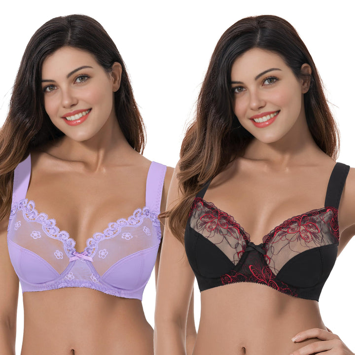Curve Muse Damen Übergrösse Minimizer Bügel-BH mit Stickspitze - 2er Pack 75E Black,lavender(2 Pack)