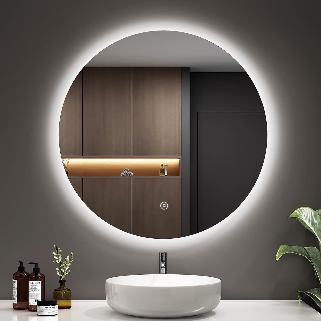 EMKE Badspiegel mit Beleuchtung Rund 70cm Rund LED Badspiegel mit Touch-Schalter, Dimmbar, 6500K, 3