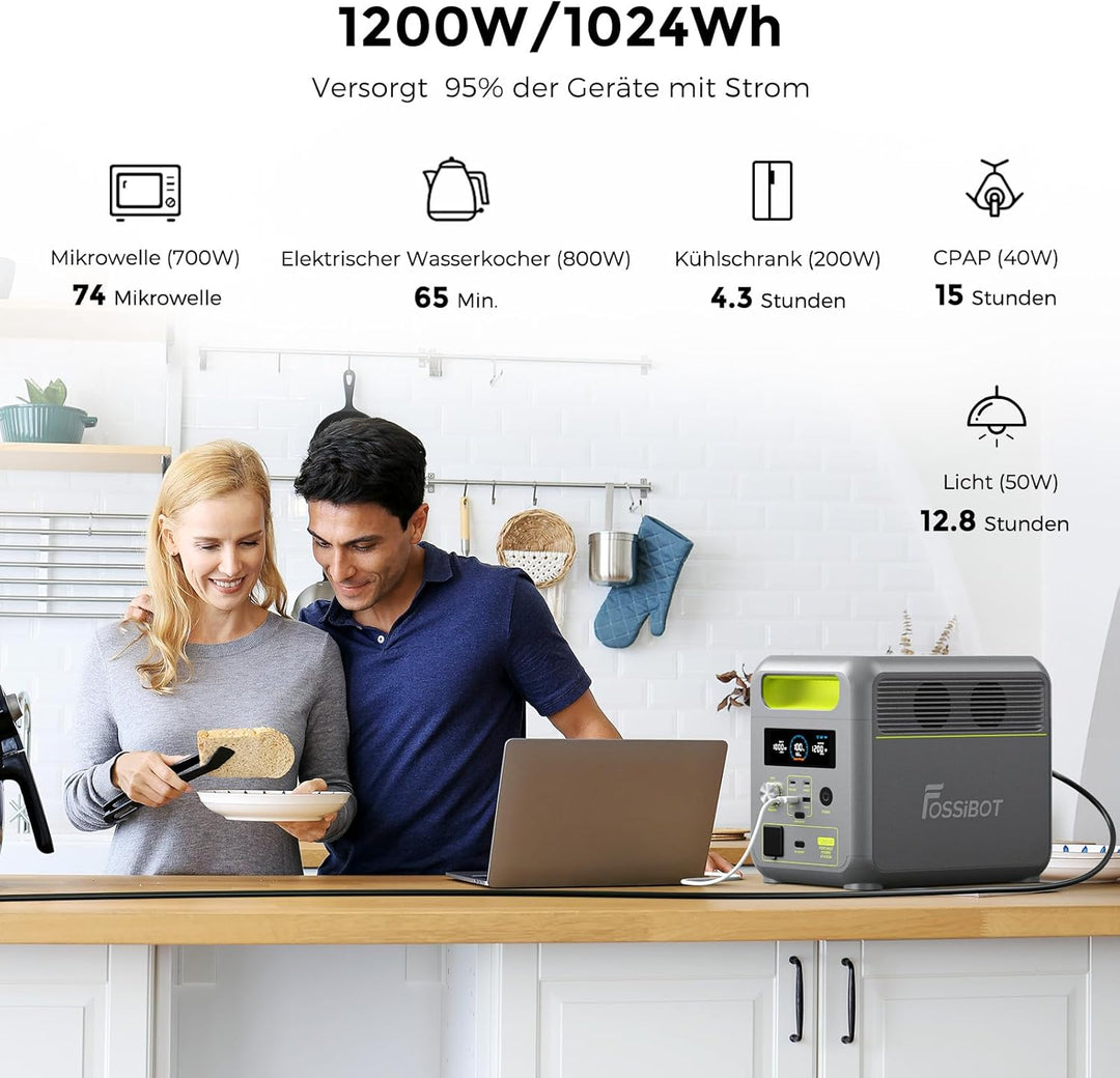 FOSSiBOT F1200 Solargenerator mit 200W Solarpanel, 1024Wh LiFePO4 Tragbare Powerstation 2 1200W AC S