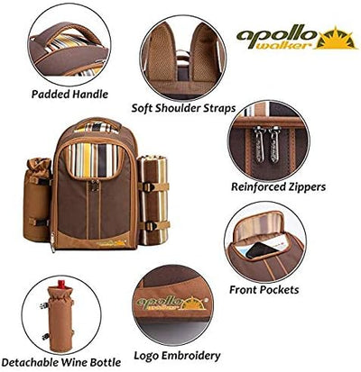 apollo walker Picknickrucksack für 2 Personen Picknick Rucksack Hamper Kühltasche mit Geschirr Set &