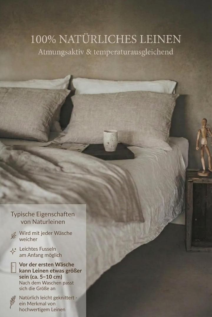 Ger3as Leinen Bettwäsche Set 100% Natur Leinen Stonewashed, Naturfaser Leinen, mit Hotelverschluss (