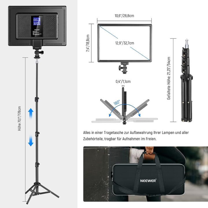 NEEWER 13" LED Videolicht Panel Set mit Stativ, Streaming Licht mit Lithium Akku 2er Pack weiches LE