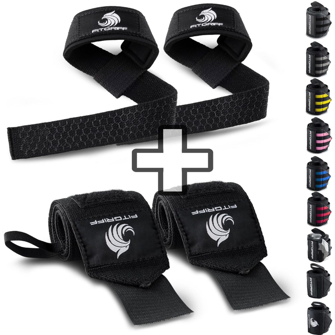Fitgriff® Handgelenk Bandagen + Zughilfen (2er Set) - für Krafttraining, Fitness, Bodybuilding, Gewi