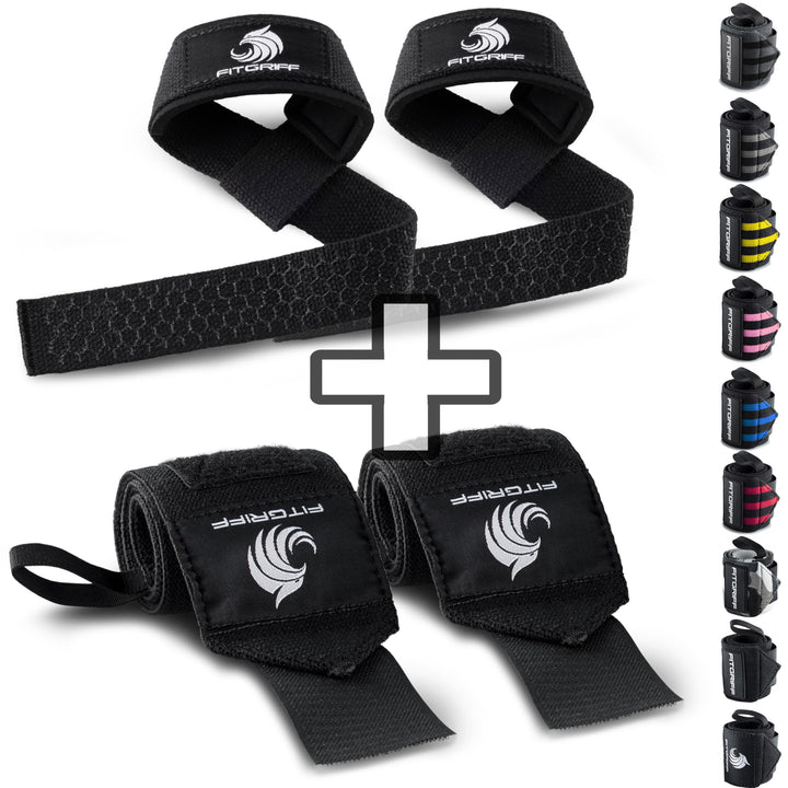 Fitgriff® Handgelenk Bandagen + Zughilfen (2er Set) - für Krafttraining, Fitness, Bodybuilding, Gewi