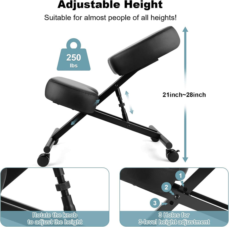 Kniestuhl Ergonomischer, Verstellbarer Kniehocker Stuhl für Büro, Metallgestell + Leder Bürostuhl Si