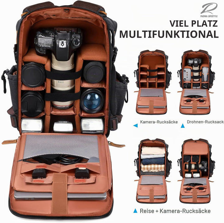 Padwa Lifestyle Kamerarucksack - Gewachstem Memory Canvas Kamerarucksack mit 16“ Laptop-/Objektivfac