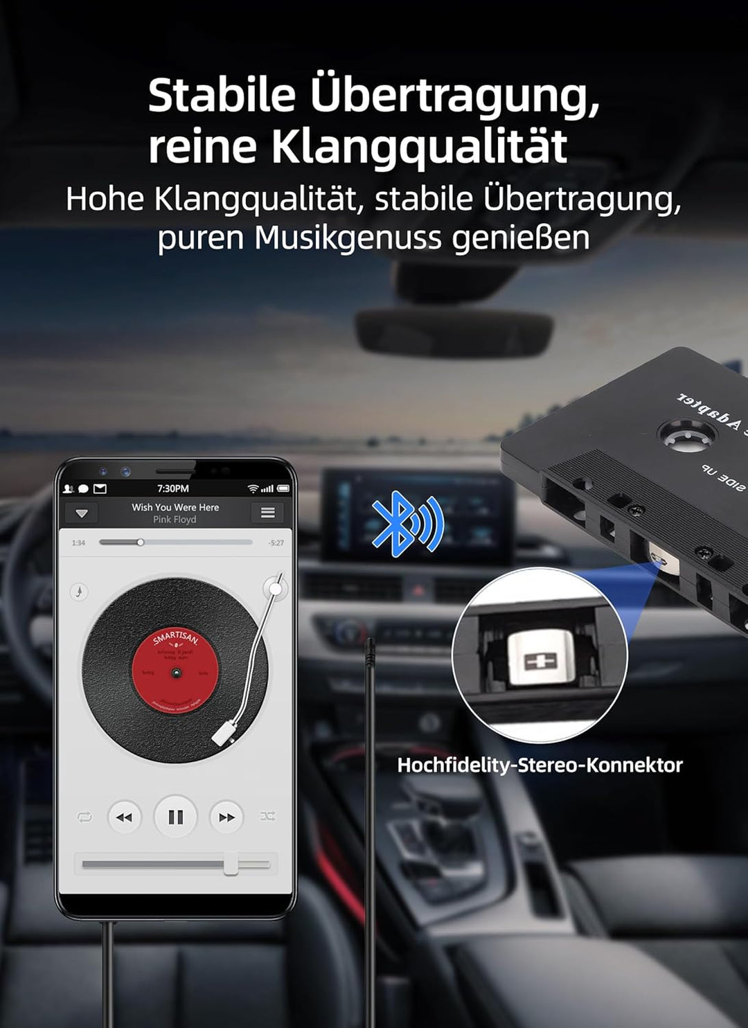 Bewinner Auto Audio Bluetooth Kassettenadapter, Rauschunterdrückung, Stereo High Fidelity Band Aux E