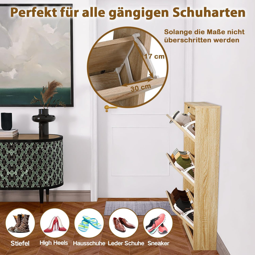 GRAVFORCE Schuhschrank 3 Klappen, Eingangsbereich, Rattan schmaler Schuhschrank Flip Down Schuhregal