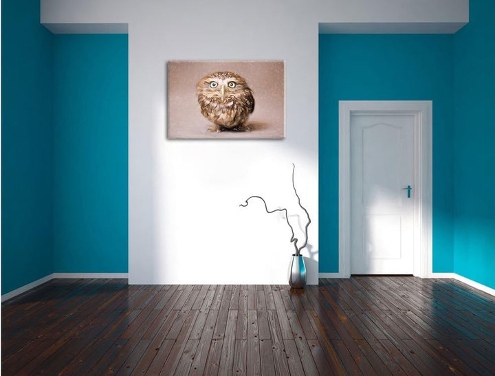 Pixxprint Niedliche Nachteule mit süssem Blick Kunst Buntstift Effekt, Format: 100x70 auf Leinwand,