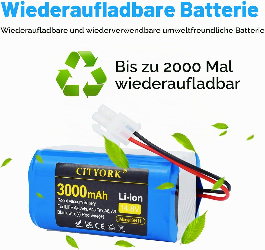 CITYORK 3000mAh Akku für Zaco iLifeA4, A4s, A4s Pro, V7, V7S, V7 Plus/Pro, A6, A7, A8, A9, A10, A10