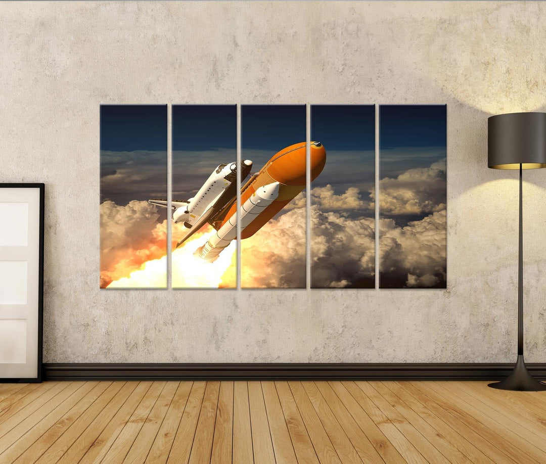islandburner Bild auf Leinwand Space Shuttle Über Wolken Orange Rakete Bilder Wandbilder Poster Lein