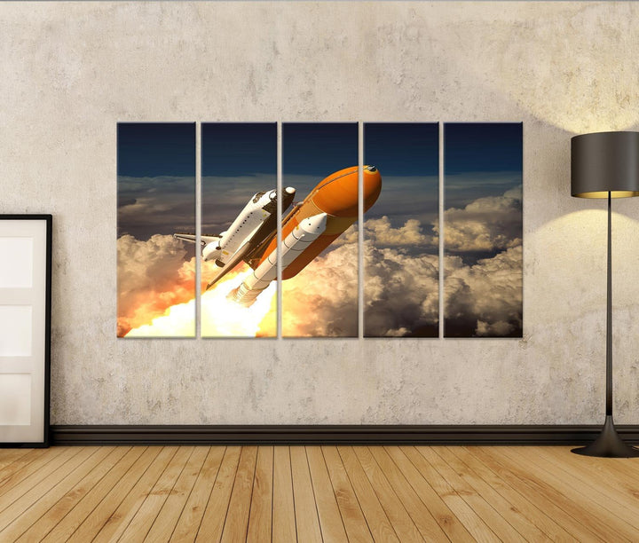 islandburner Bild auf Leinwand Space Shuttle Über Wolken Orange Rakete Bilder Wandbilder Poster Lein