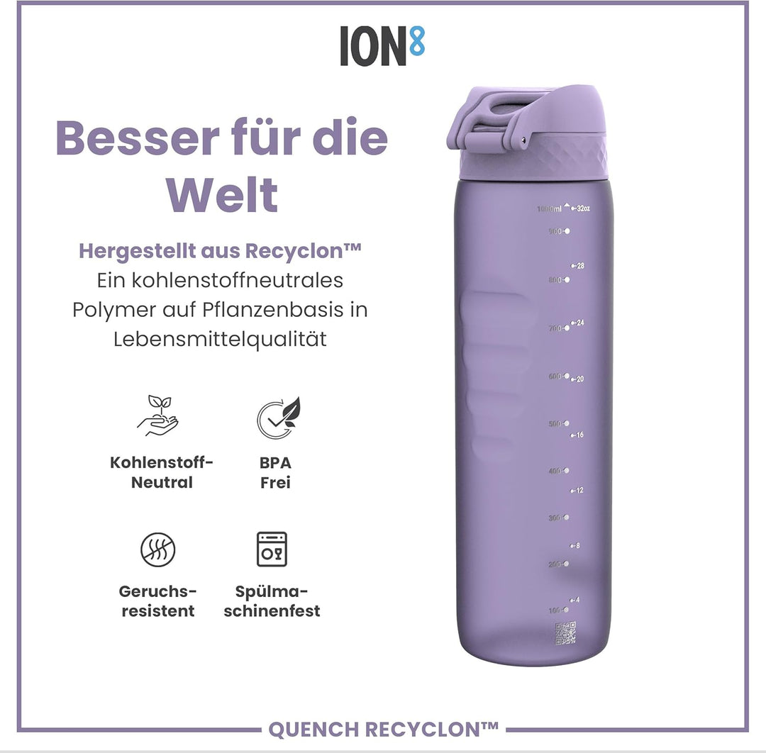 Ion8 1 Liter Trinkflasche, 1000ml, Auslaufsicher, Einhandöffnung, Sichere Verriegelung, Spülmaschine