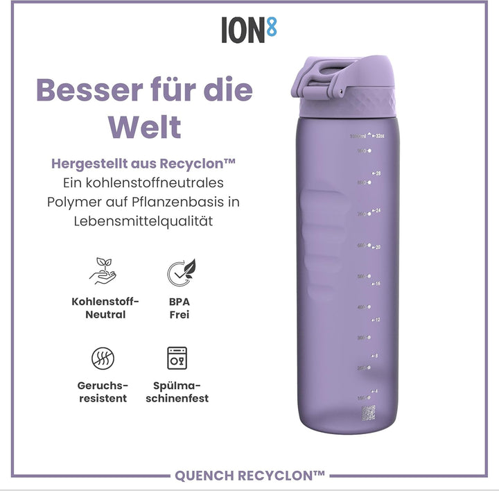 Ion8 1 Liter Trinkflasche, 1000ml, Auslaufsicher, Einhandöffnung, Sichere Verriegelung, Spülmaschine