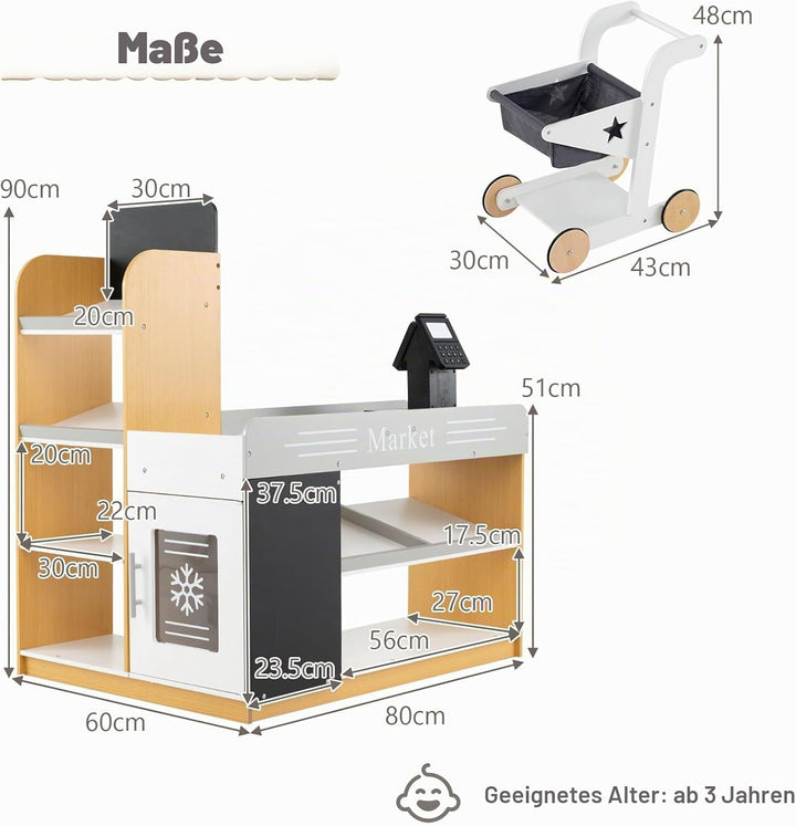 HOMASIS Supermarkt mit Einkaufswagen, Kaufladen mit Kasse, 2 Tafeln, Scanner, VIP-Karte &amp; Rechenmasc