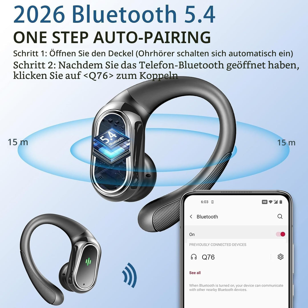 2026 Bluetooth Kopfhörer, Kopfhörer Kabellos Bluetooth 5.4 Sport tiefer Bass, 50 std Spielzeit In Ea