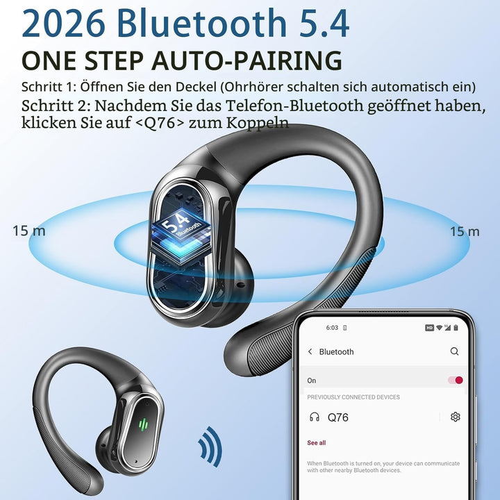 2026 Bluetooth Kopfhörer, Kopfhörer Kabellos Bluetooth 5.4 Sport tiefer Bass, 50 std Spielzeit In Ea