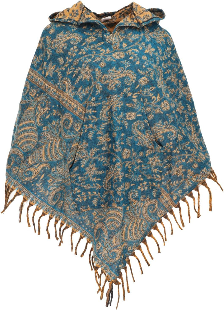 GURU SHOP Ethno, Hippie Poncho mit Langer Zipfelkapuze, Damen Petrol, Petrol