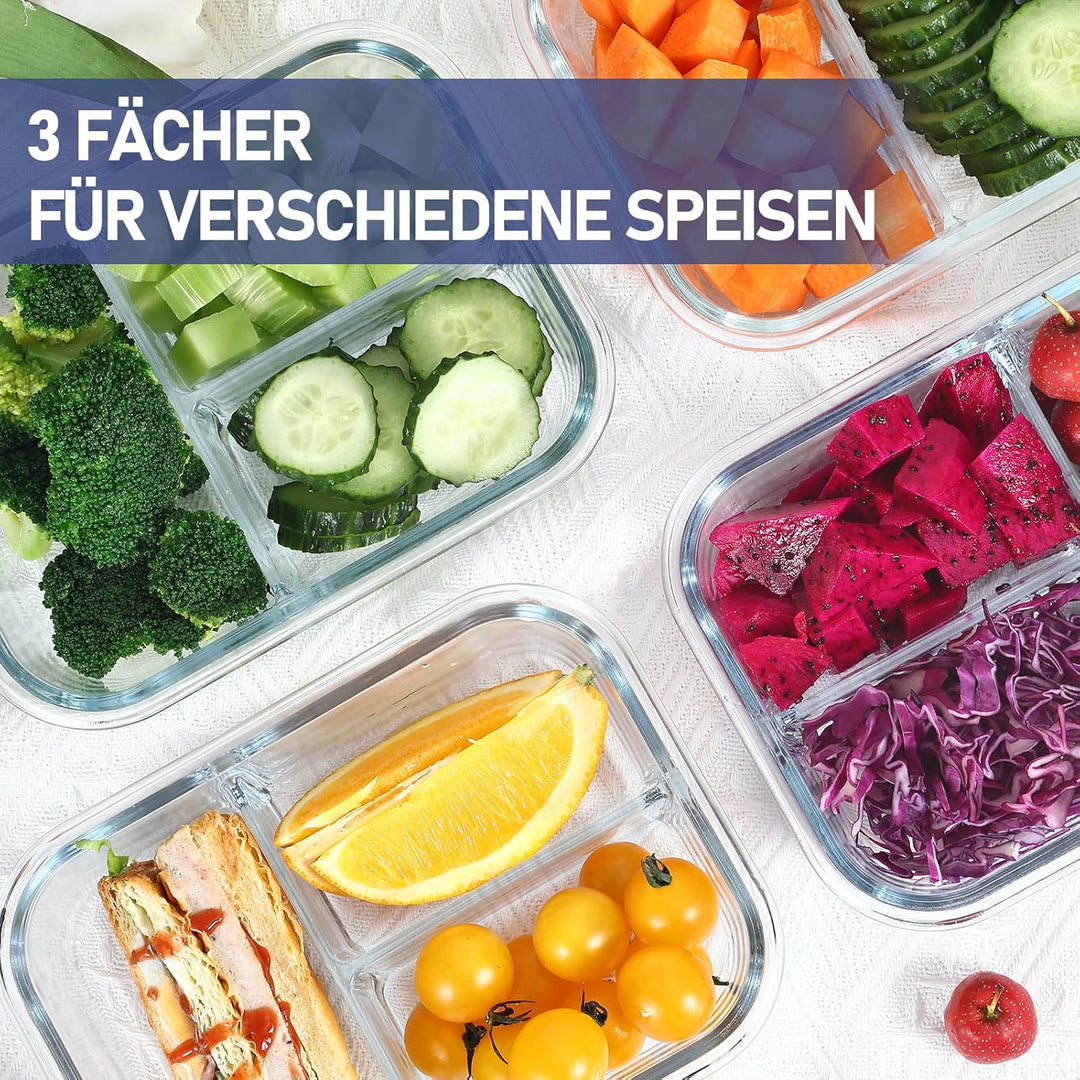 Meal Prep Boxen Glas 1&2&3 Fächer (3Stück, 1040ml) Glasbehälter mit Deckel Frischhaltedosen mit Deck