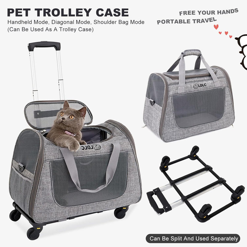 PETCUTE Katzen Transportboxen Bis zu 9 kg,Atmungsaktiv Haustier Transportbox mit Teleskopgriff und R