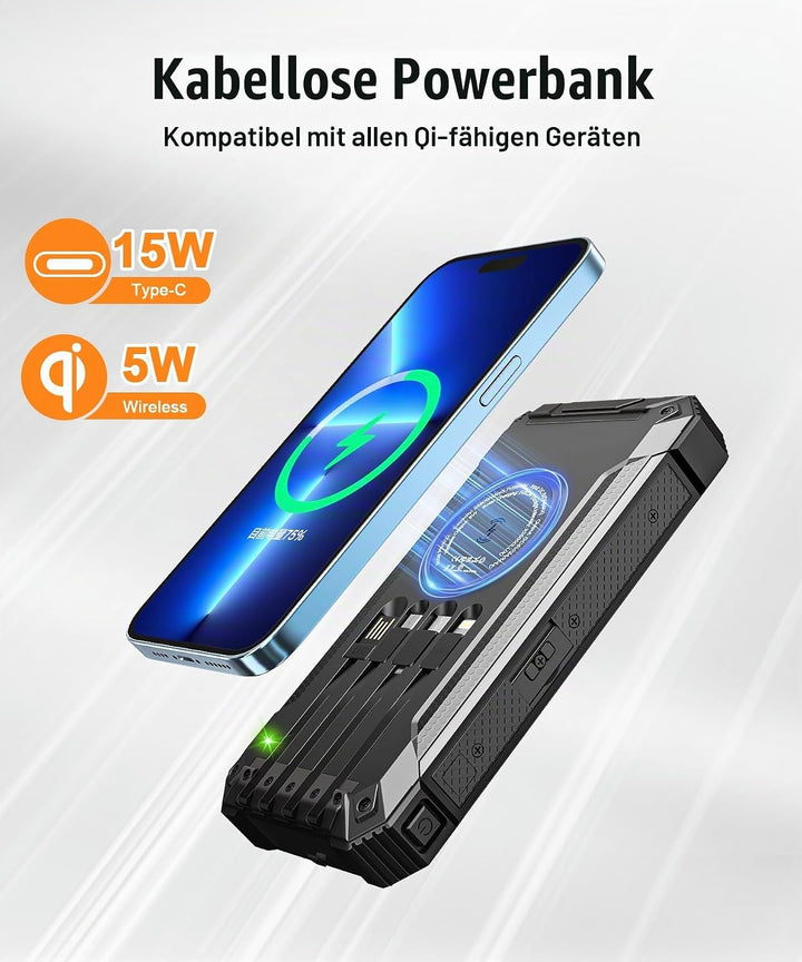 Solar Powerbank 26800mAh mit integrierten 4 Kabeln, Wireless Power Bank USB-C Ausgang/Eingang 15W Sc