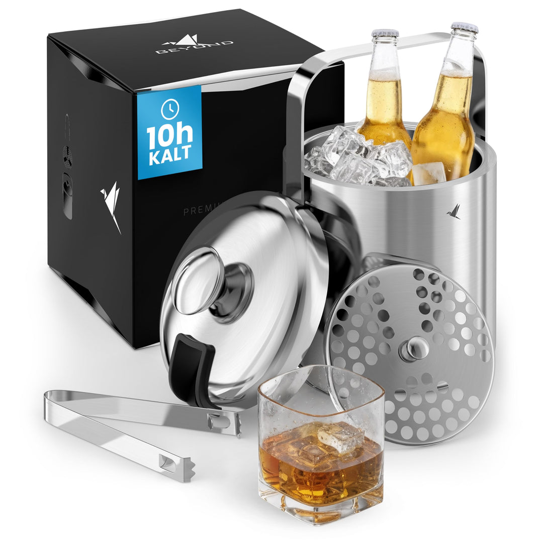 Beyond Eiswürfelbehälter mit Deckel und Zange 100% bpa frei aus Edelstahl - Eiswürfelkühler, doppelw