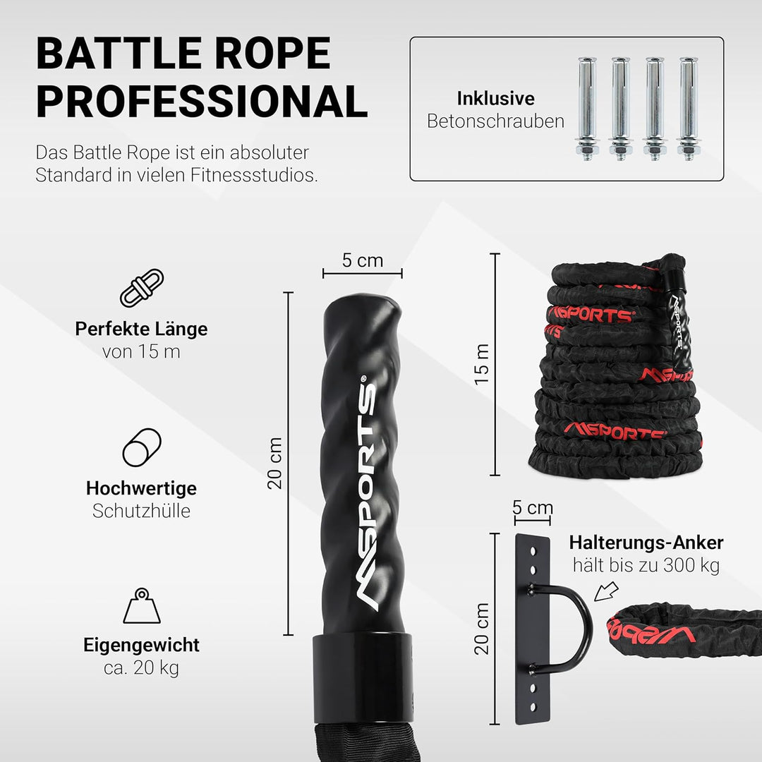 MSPORTS Battle Rope Professional Studio Qualität | Länge: 15 m | Durchmesser: 5 cm | Trainingsseil S