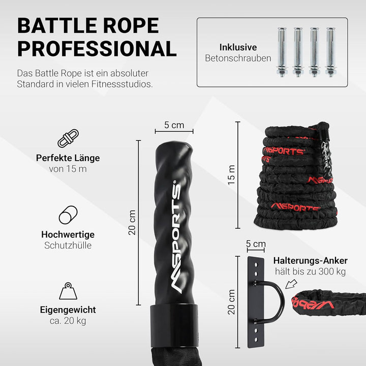 MSPORTS Battle Rope Professional Studio Qualität | Länge: 15 m | Durchmesser: 5 cm | Trainingsseil S