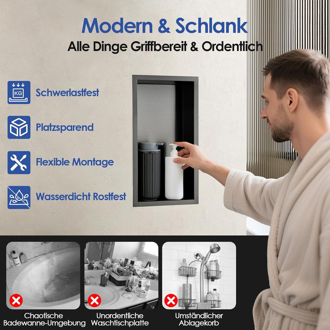 ROVOGO 40 x 20 x 10 cm Nano Schwarz Wandnische Dusche Edelstahl, Eingebettete Duschnische Einzelrega