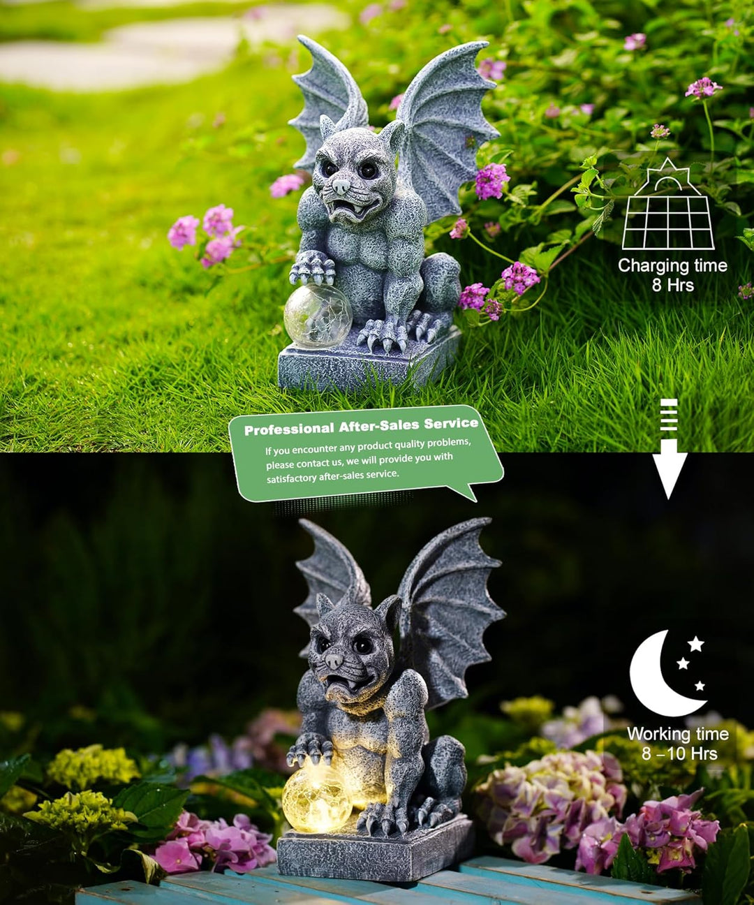 Solar Gargoyle Figuren Gartendeko mit LED-Licht - Steinfiguren mit Solarlampe Glasball Garten Wetter