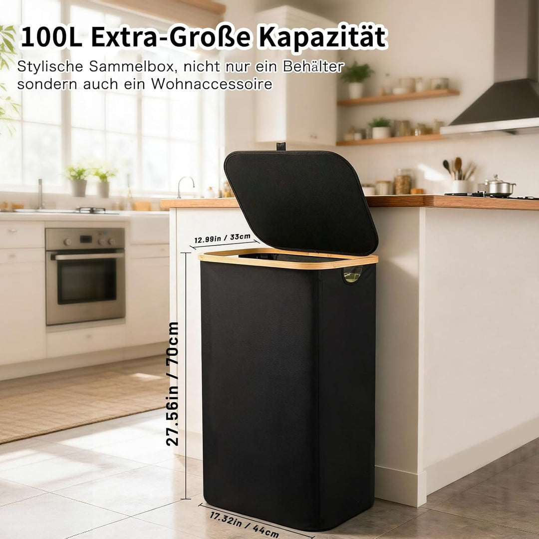 Gelber Sack Ständer 100L mit Deckel - Mülleimer für Gelbe Säcke, Bambusrahmen, Fester Stand & Klettv