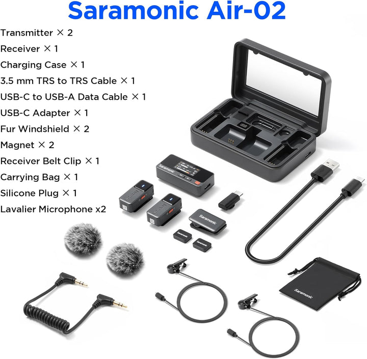 Saramonic Air-02 Kabellos Mikrofon für iPhone Android, Dual Lavalier Mic, 300M, 48kHz/24-Bit, Mini M