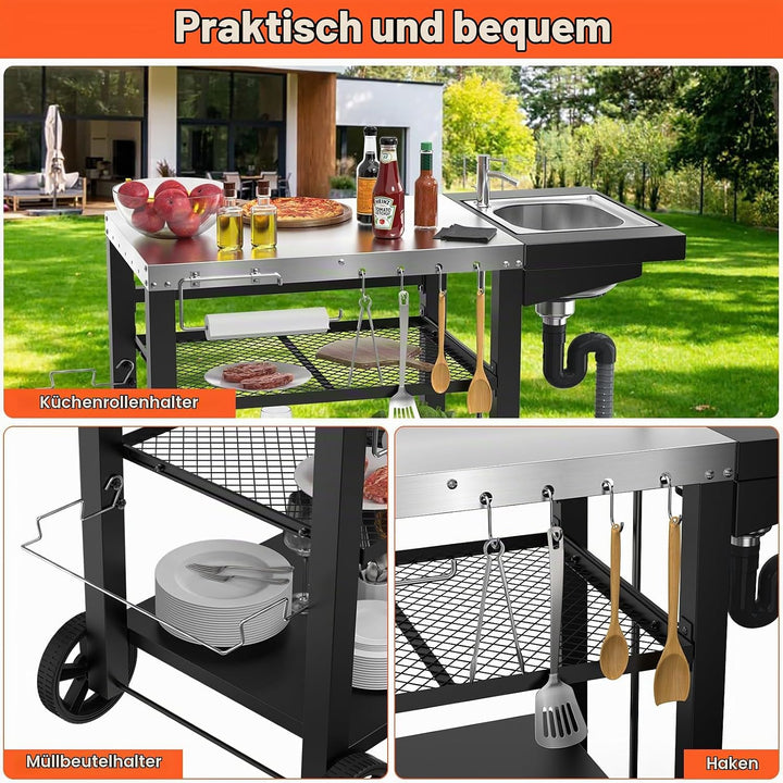 GFTIME Grillwagen 107x63x81cm, Grilltish mit Spüle für Ninja woodfire, für Pizzaöfen, grillwagen Out